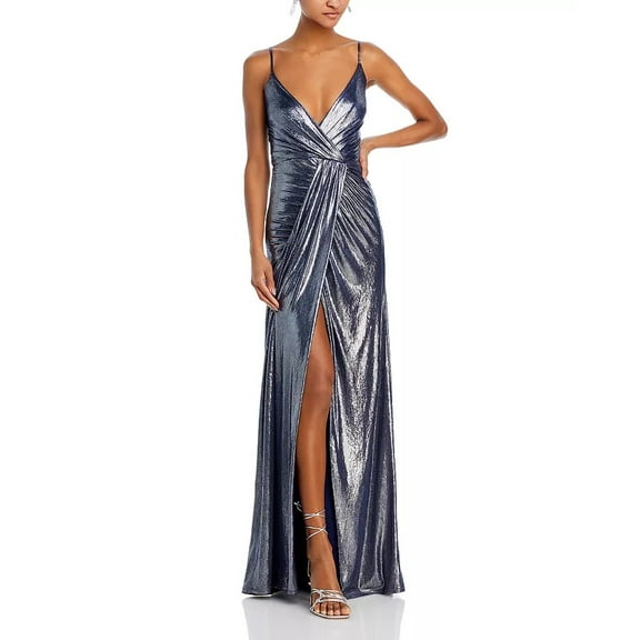 Ramy Brook SPRING NAVY LUREX FOIL Women's Kade Metallic V Neck Gown, US 6