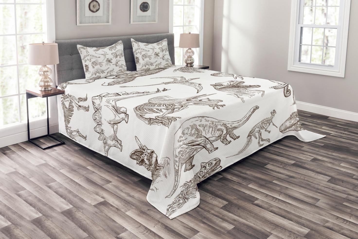 Jurassic Bedspread Set Queen Size, Arrangement of Various Dinosaurs