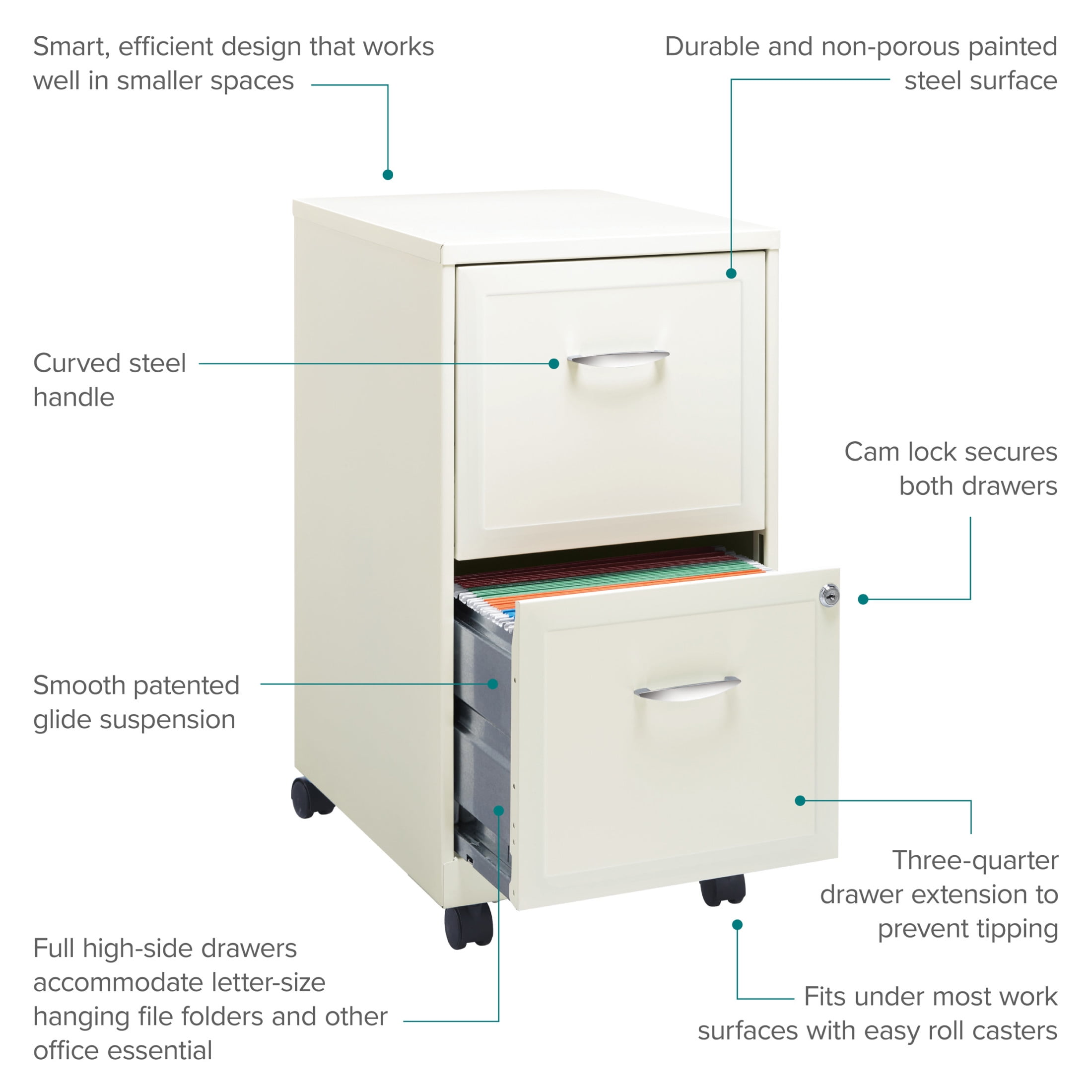 Space Solutions 18" Deep 2 Drawer Mobile Letter Width Vertical File Cabinet, White