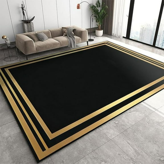 Area Rug - Black And Gold Geometric Frame Washable Rugs Home Decor For Living Room, Bedroom, Dining Room, Office 2x3ft