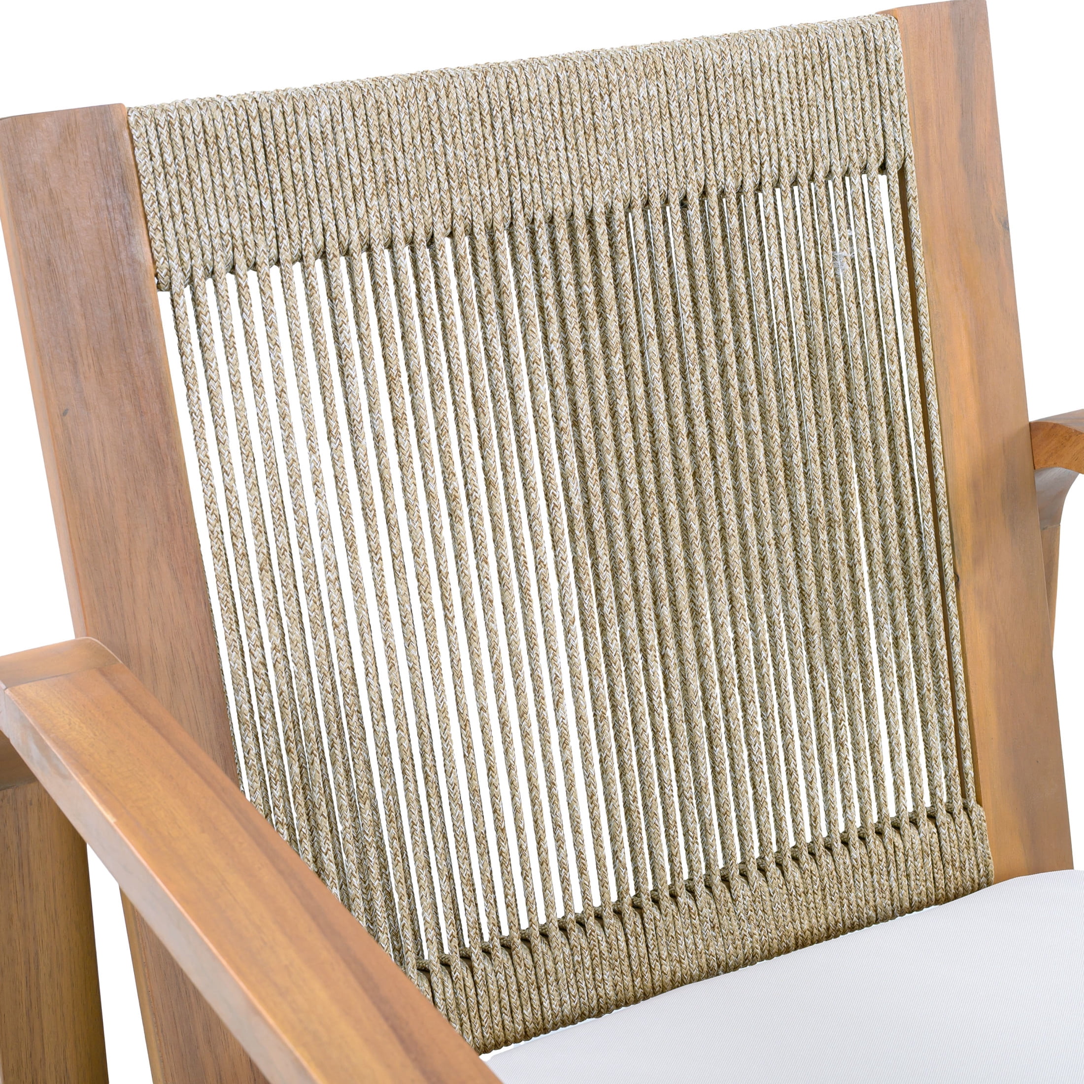 Christopher Knight Home Outdoor Light Teak Wood Dining Chairs with Beige Cushions, Rope Back, Set of 4
