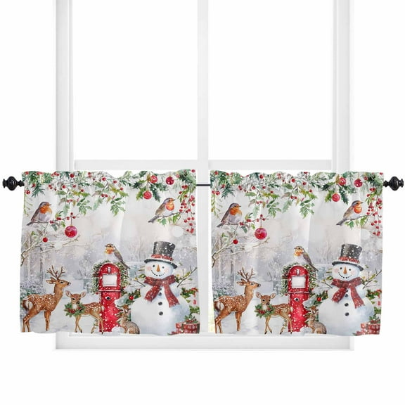 Christmas Kitchen Curtain 2 Panels Tiers Curtains 24 Inch Length, Snowman Elk Snowflake Xmas Botanical Curtains Rod Pocket Curtains Window Drapes Treatment Window Cafe Curtains
