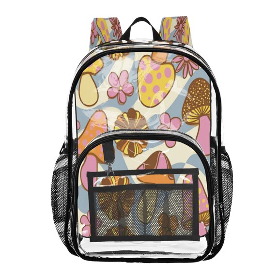 PVC Transparent Backpacks Clear Backpack for Travel and Outings Mushrooms and Flowers