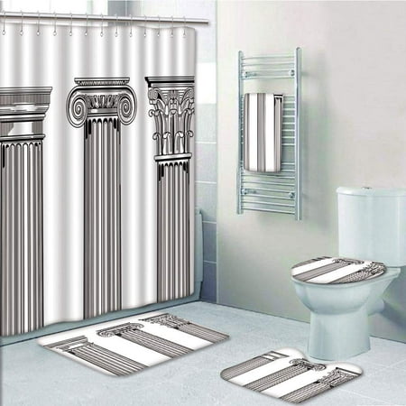 PRTAU Antique Column Capitals Ancient Architecture 5 Piece Bathroom Set Shower Curtain Bath Towel Bath Rug Contour Mat and Toilet Lid