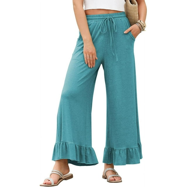 Womens Wide Leg Pants Drawstring Elastic High Waisted Ruffle Hem Palazzo Pants with Pockets Blue and Green L