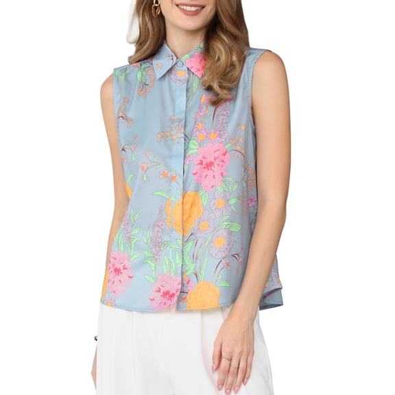 INSPIRE CHIC Women's Sleeveless Floral Blouse Button Down Summer Casual Shirt Top S Light Blue