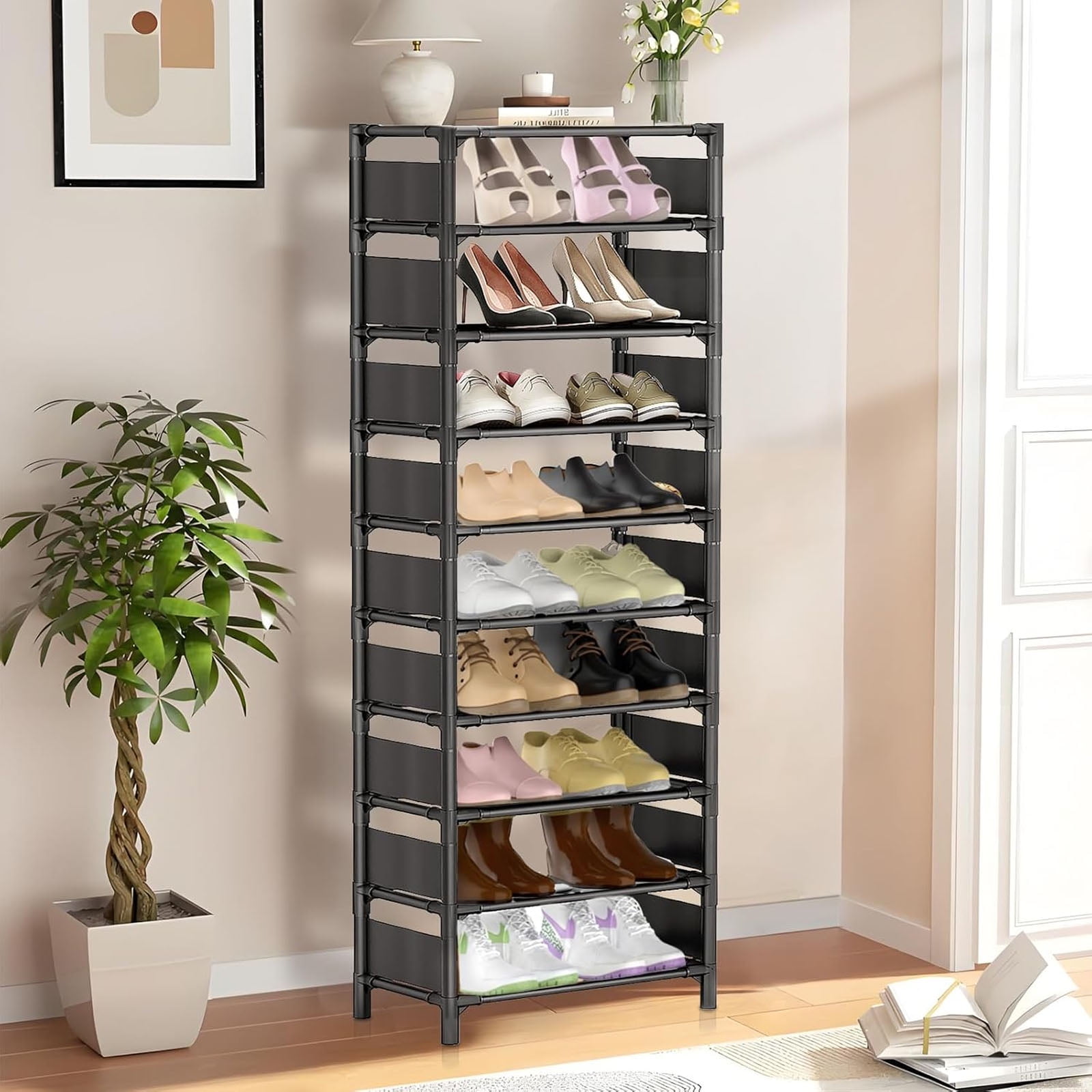 10 Tiers Vertical Shoe Rack, Stackable Combination Shoe Rack, Up to 20-24 Pairs, Sturdy Metal Narrow Shoe Rack Shoe Shelf, Space-Saving Tall Shoe Rack for Hallway Garage Living Room