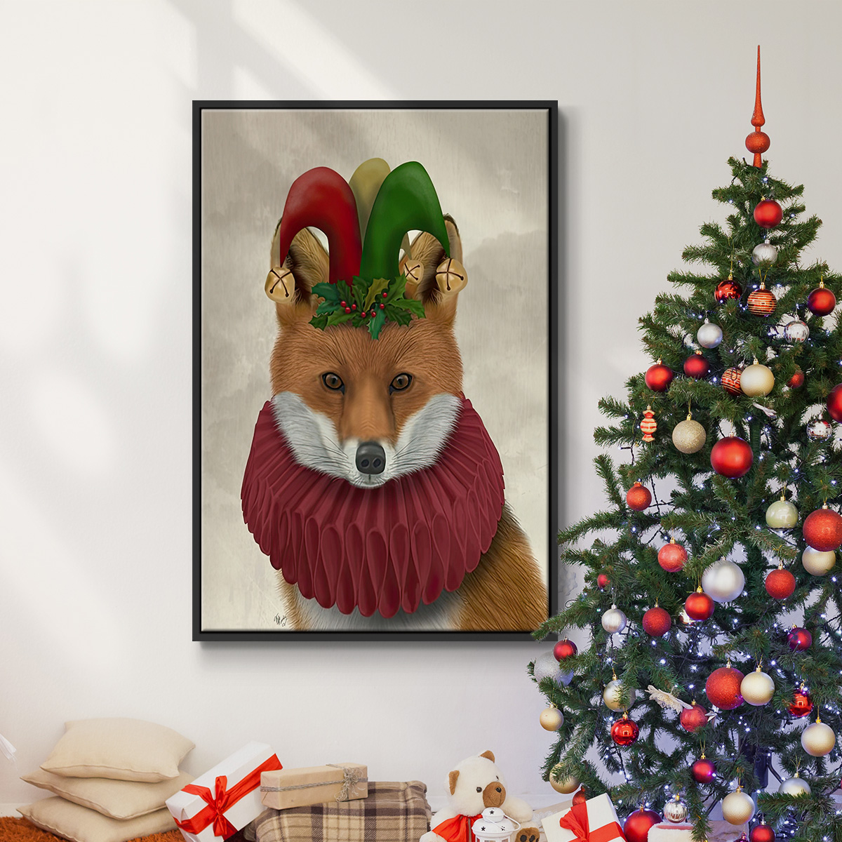 Christmas Foxy Christmas Fool - Framed Gallery Wrapped Holiday Canvas - 25 x 37 - Black Frame