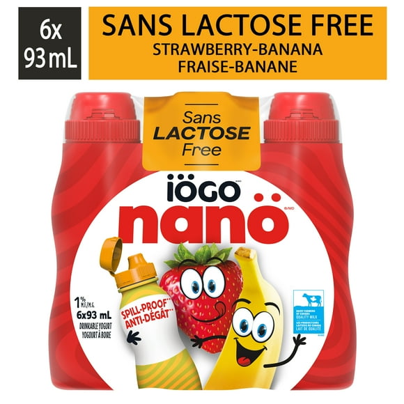 iÖGO Nanö Drinkable Yogurt Lactose Free Strawberry-Banana 1%, 6 x 93 mL