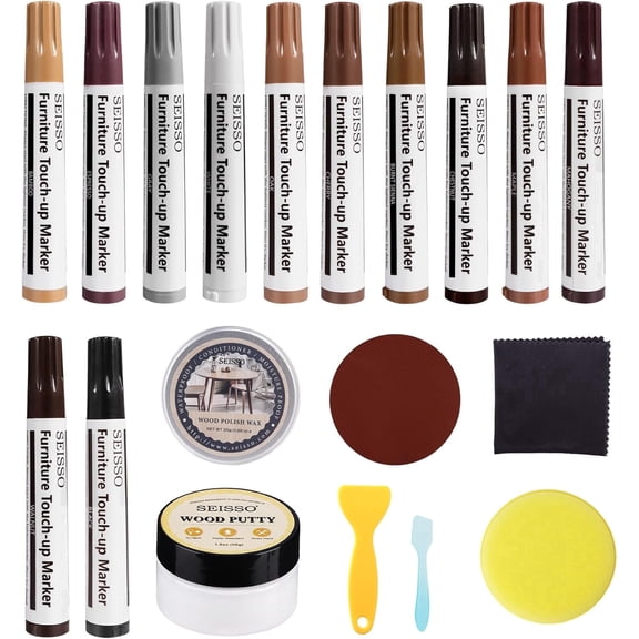 Furniture Touch Up Markers- 12 Colors, 19 Pcs Wood Scratch Repair Kit with Polish Wax and Wood Putty, Repair Wood Marker Pens for Cracks, Scratches, Holes, Stains, Doors, Floors, Tables, Cabinets