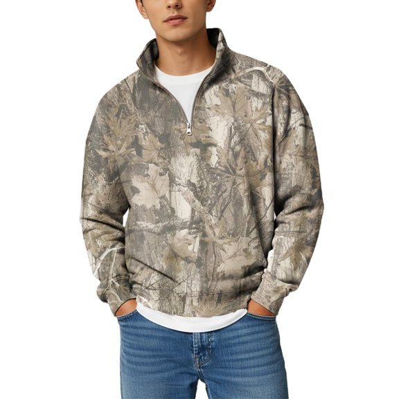 Havenx Men's Camo Quarter Zip Sweatshirts Long Sleeve Camouflage Print Sweatshirts Mock Neck Quarter-Zip Pullover Gym Workout Hiking Casual Athletic Clothing,Khaki L