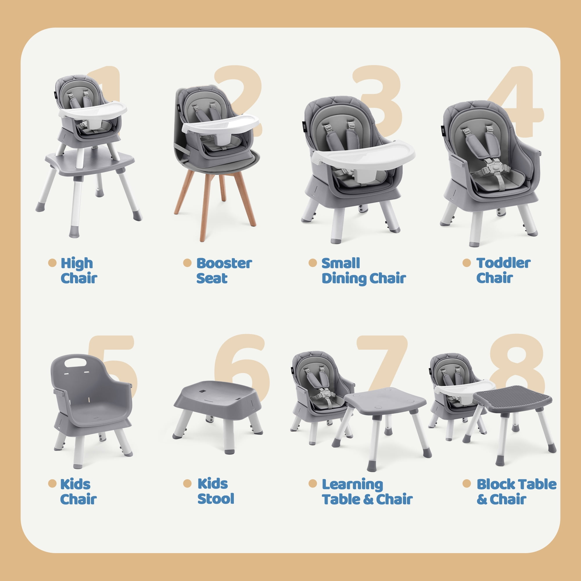 HARPPA 8 in 1 Baby High Chair, Convertible Highchair for Babies and Toddlers, Gray