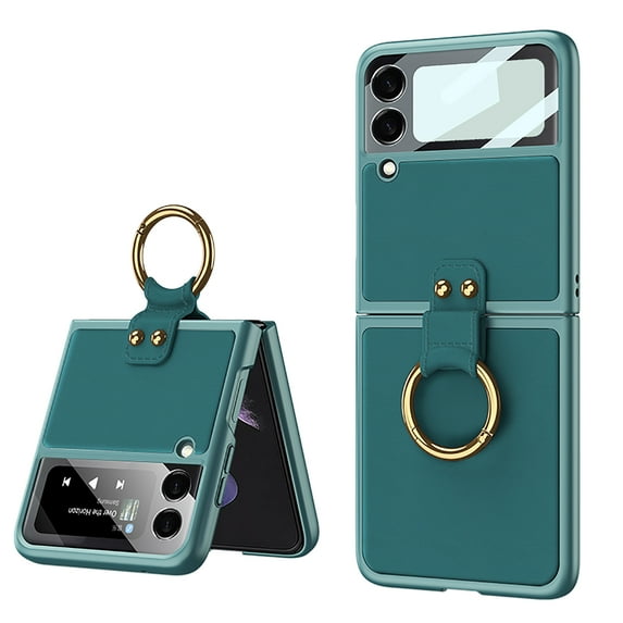 For Samsung Galaxy Z Flip 3 5G Case 2021, Ring Holder Stand Hybrid PC Slim Leather Folding Hard Cover, Darkgreen