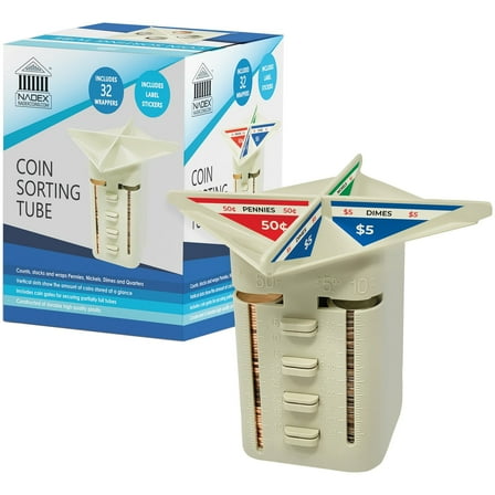 Nadex NCS8-1133 All-in-One Manual Coin Sorter - Counter and Wrapper Tube with 32 Coin Wrappers