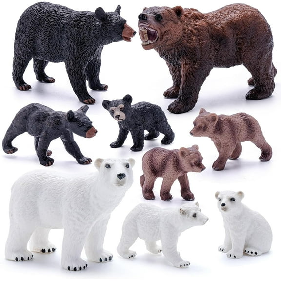 9PCS Bears Figurines Toys, Realistic Forest Animals Family Figures Toy Includes Polar Brown Black Bears and Cubs, Cake Toppers Birthday Gift Party Favors for Boys Girls