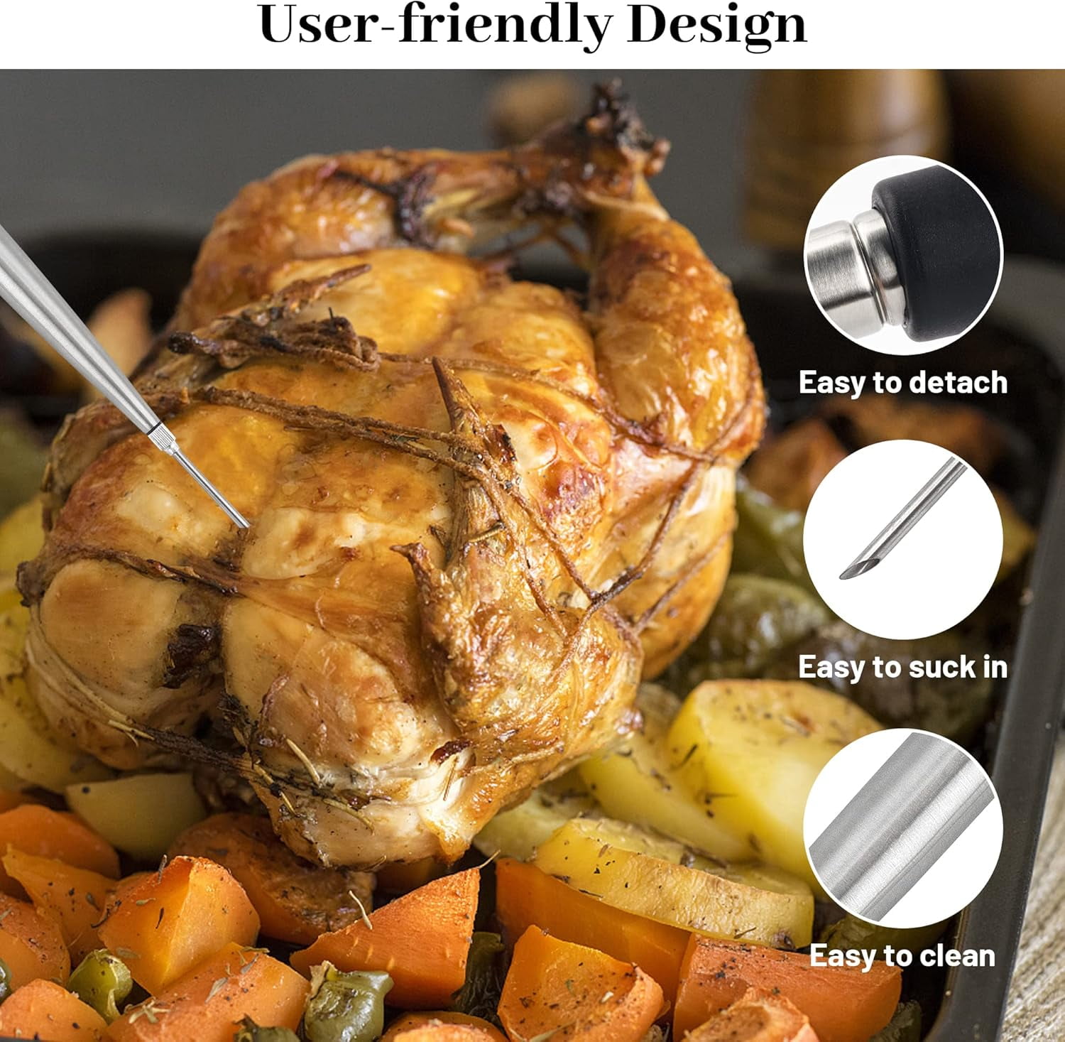 Turkey Syringe for Cooking, Large Stainless Steel Meat Injector, with Cleaning Brush and 2 Marinade Needles, Black