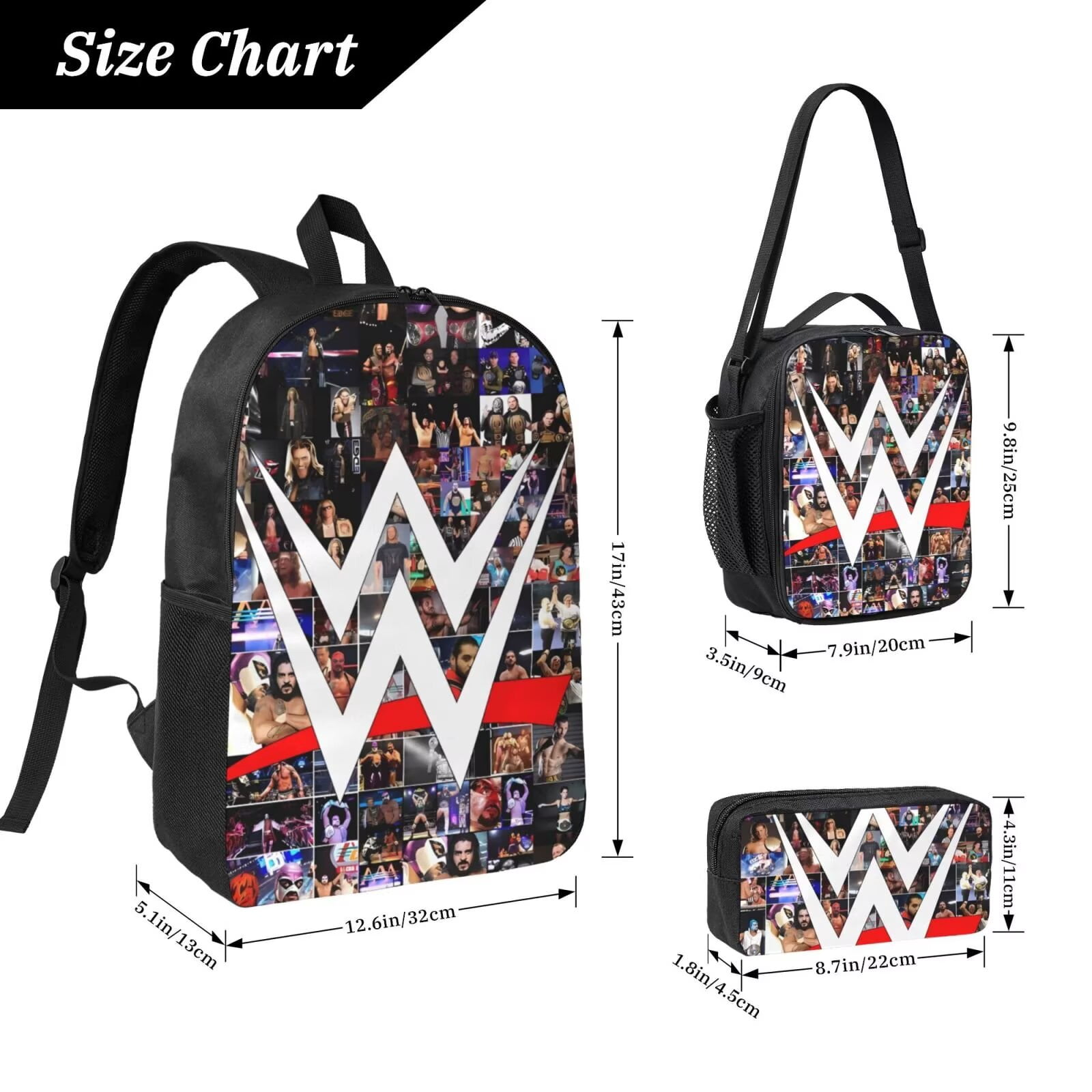 Wwes Backpack 3-Piece Set Fashion Printed Lightweight Multipurpose Casual Travel Backpacks