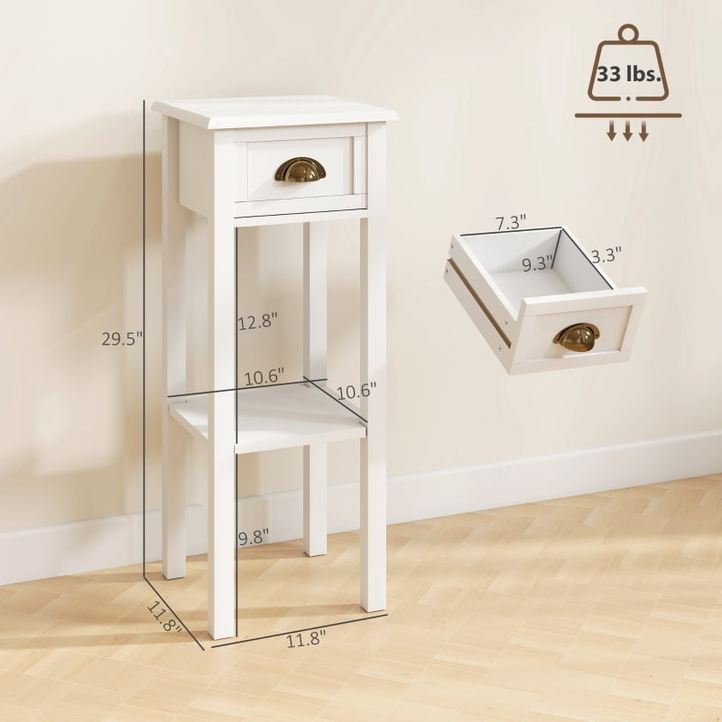 HOQBN 2-Tier Side Tables Set of 2 with Drawer and Shelf, 2-Piece Bedside Table Set for Living Room and Hallway, White