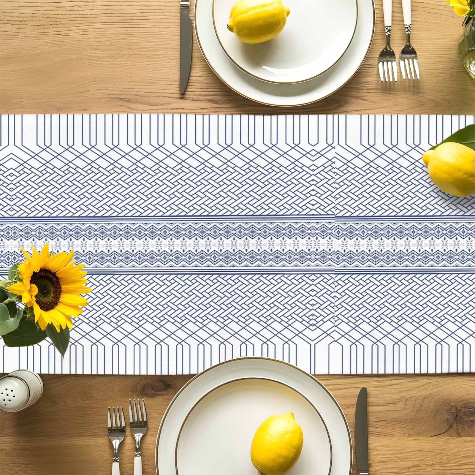 Modern Geometric Stripe Art Table Runner 90 Inches Long, Minimalist Blue Ombre on White Table Runners Tabletop Scarf Kitchen Dining Tables Decoration for Home Party Indoor Outdoor