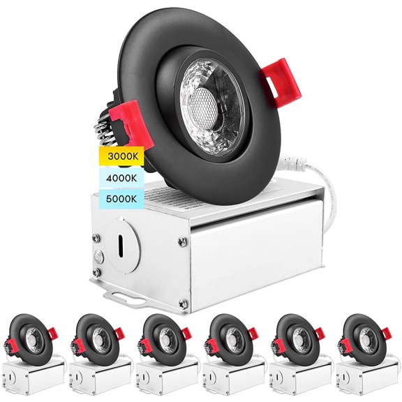 Luxrite 6-Pack 3 inch LED Gimbal Recessed Lighting with J-Box 3 Color Options 8W 600 Lumens Dimmable Damp Rated - Black