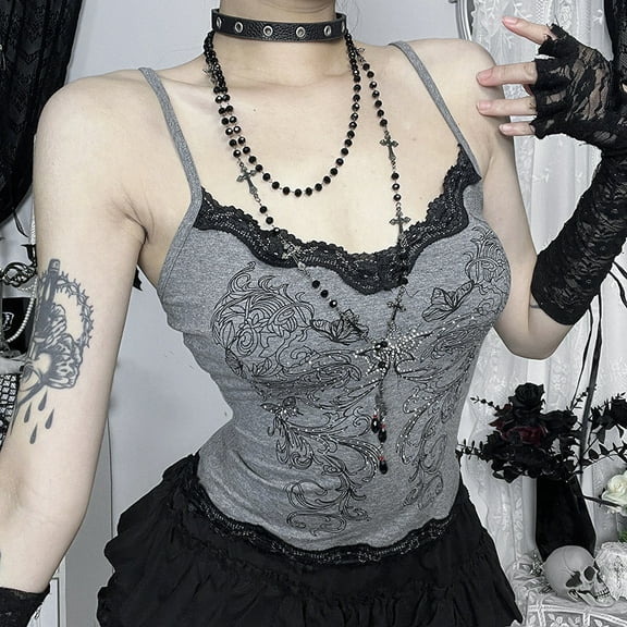 Hotsweet Y2k Gothic Grey T-shirt Women Dark Streetwear Harajuku Vintage 2000s Butterfly Printed Lace Trim Crop Tank Tops