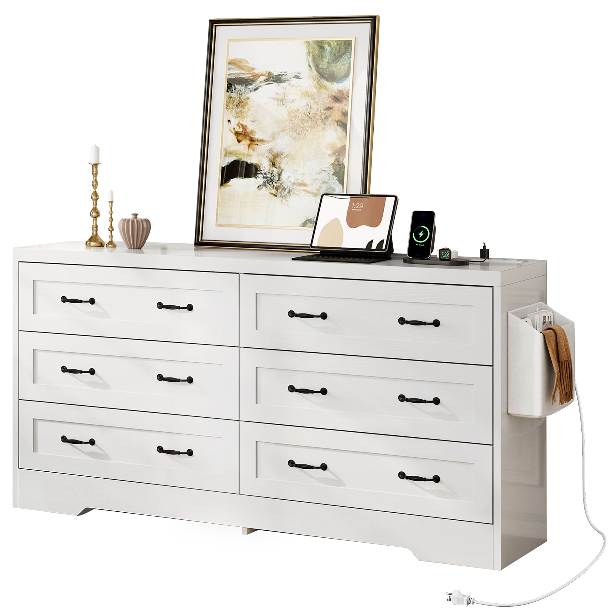 DEXTRUS 6-Drawer Double Dresser with Power Outlets, Wood Storage Cabinet Chest of Drawers, White