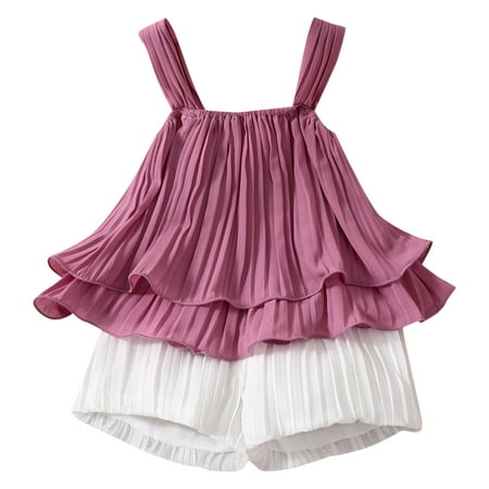 

Rovga Outfits For Toddler Girls Summer Sleeveless Solid Color Ruffles Tops Shorts Two Piece Outfits Set For Kids Clothes