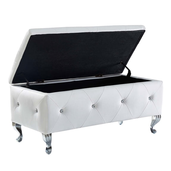 Multipurpose Tufted Bench | Faux Leather Bench for Bedroom & Living Room, White Ottoman Bench with Crystal Buttons