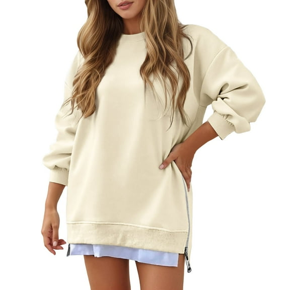 VNKIDY Women Side Zipper Design O-Neck Sweatshirt With Patchwork Style Long Sleeve Solid Color Pullover Holiday Dailywear