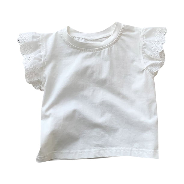 Playeras Deportivas Gibobby camiseta de manga voladora con cuello redondo simple color sólido de verano para niñas informal para niños de 0 a 6 años Blanco 5-6 Años