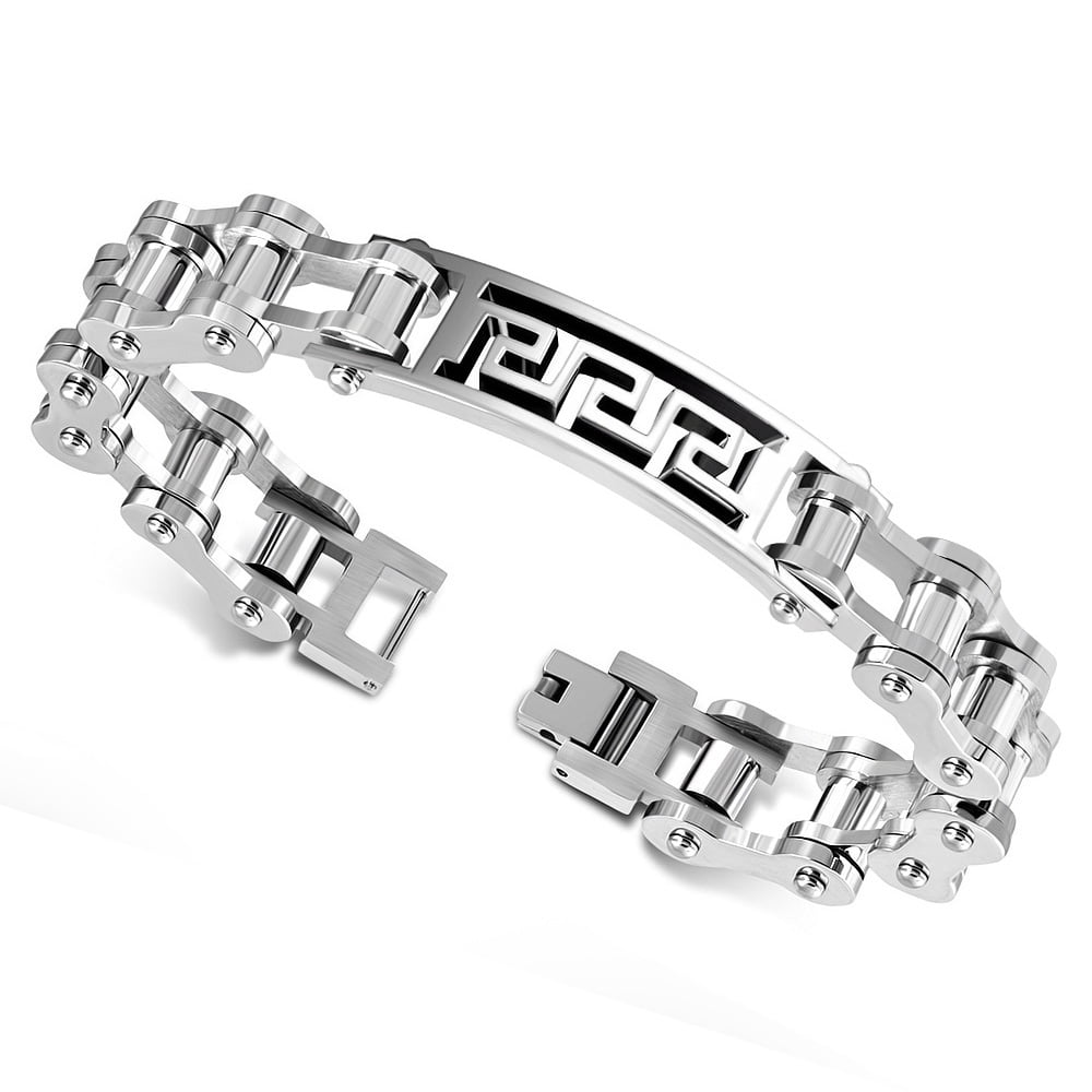 Stainless Steel SilverTone Bike Chain Greek Key Men's Link Bracelet, 9"