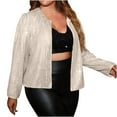 thumbnail image 2 of Jackets for Women Plus Size Fashion Open Front Solid Sequin Jacket Womens Long Sleeve Crewneck Short Blazer Casual Coat Tops Khaki qILAKOG Size XL, 2 of 6