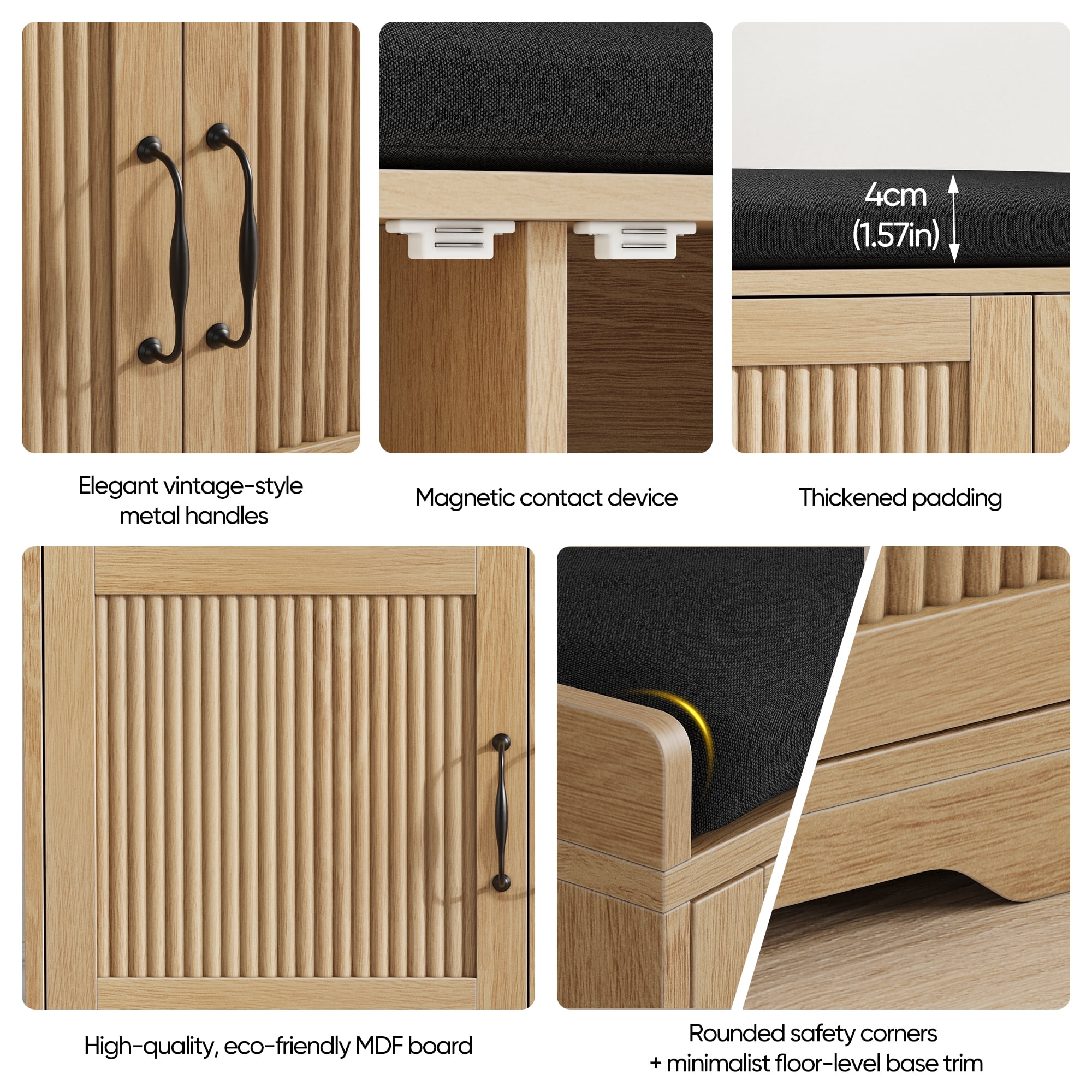 31.5 Inch Oak Finish Entryway Shoe Storage Bench with Double Slatted Doors & Upholstered Cushioned Seat, MDF Hallway Shoe Organizer Bench for Foyer Walk-In Closet