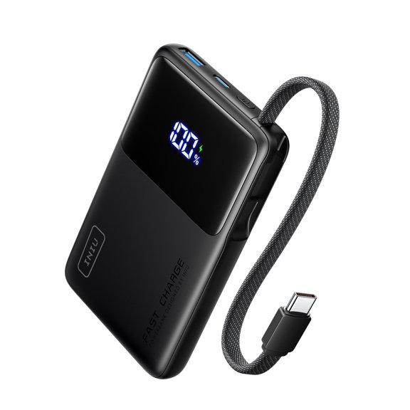 INIU Portable Charger, 10000mAh 45W Slim Pro Fast Charging Power Bank Mini Battery Pack with Built-in Braided USB-C Cable, Compatible with iPhone Samsung, Black
