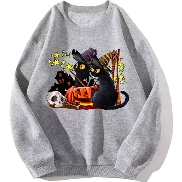 Sudadera Con Estampado De Gato De Halloween, Sudadera Casual De Manga Larga Con Cuello Redondo Para Otoño E Invierno, Ropa De Mujer