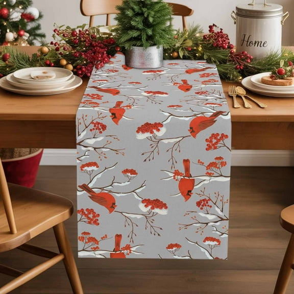 Christmas Cardinal Winter Snowflake Table Runner 13x90in Non-Slip Cotton Linen Table Runners, Country Berry on Gray Dresser Scarves TableRunner for Dinner Kitchen Dining Wedding Party