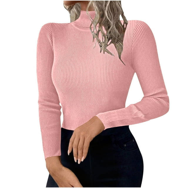 Dagegui Chandail à Col Roulé pour Femmes Manches Longues Côtelées Couche de Base Extensible Haut Ajusté Tricoté à Porter avec Manteau Rose,P