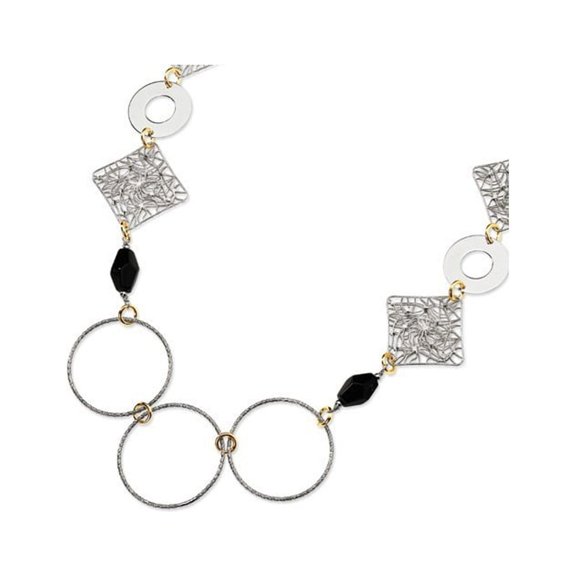 Sterling Silver 18K Yellow Gold-Flashed Simulated Onyx Fancy Necklace - Measures 38mm Wide