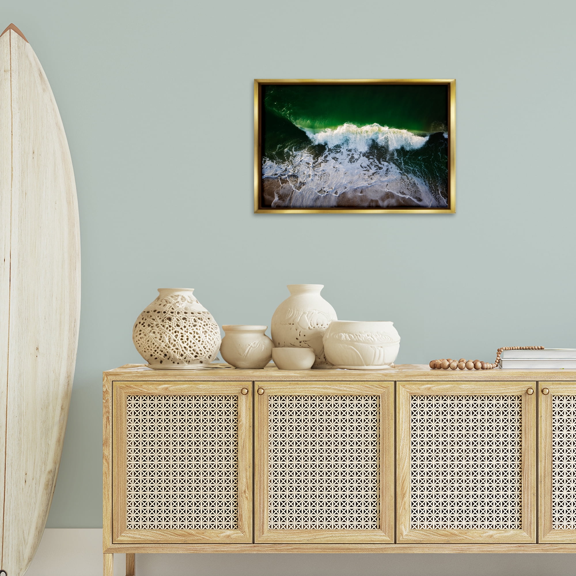 Stupell Industries Deep Green Wave Splash Nautical & Beach Photography Gold Floater Framed Canvas Art Print Wall Art, 25 x 17