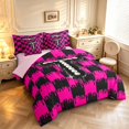 thumbnail image 2 of Manfei Pearl Pattern Letter T 7pcs Queen Bedding,Black Pink Checkered Bedding Comforter Set Queen,Pink Reversible, 2 of 7