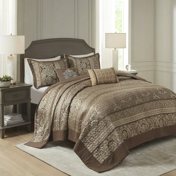 5-Piece Reversible Jacquard Bedspread Set King - Brown & Gold Luxury Bedding with Decorative Pillows