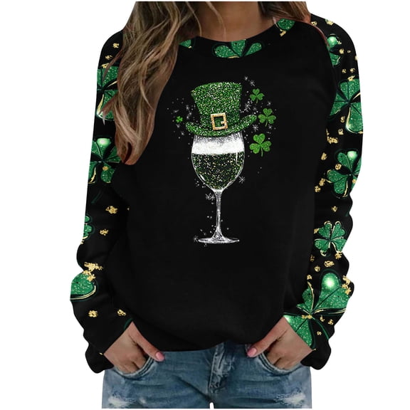 St Pattys Shirts Women Santa Hat Wine Glass Shirt Green Irish Shamrock Print Sweatshirt Long Sleeve Crewneck Pullover Tops
