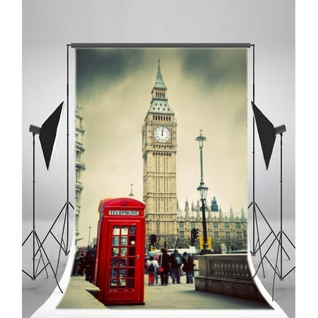 Image of Retro Building Backdrop 5x7ft Photography Background Telephone Booth Street Lamps People Traffic Photo Video Studio Props Children Baby