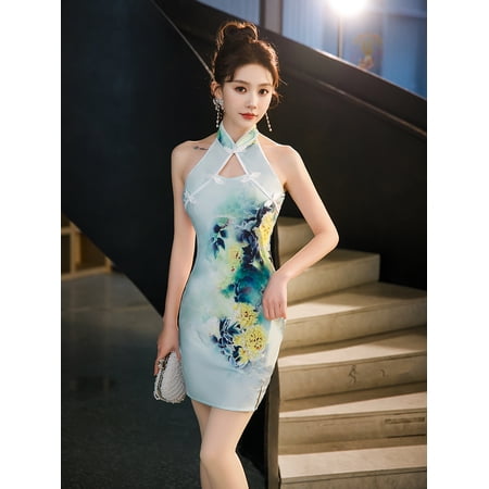 Cheongsam Women Sexy Backless Dress Sleeveless Floral Vintage Dress Long Qipao S to 5XL