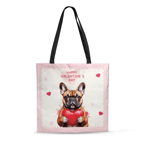 Happy Valentine's Day French Bulldog Brings Love Heart All Over Print 3D Canvas Tote Bag Dog Lover Gifts Reusable Handbag - 02028