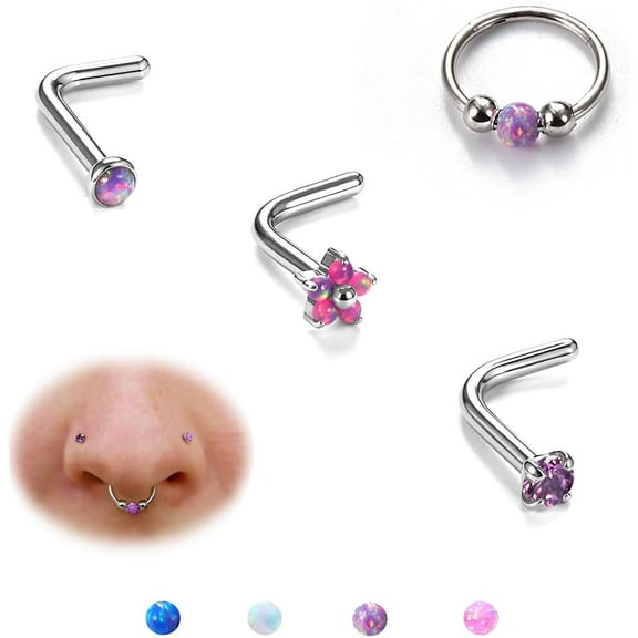 4Pcs Silver Purple Opal Nose Rings for Women - 316L Surgical Steel Nose Hoops Piercing 18G Septum Rings L Shaped Nose Studs Jewelry Cartilage Conch Daith Helix Tragus Earrings 8 mm Style3