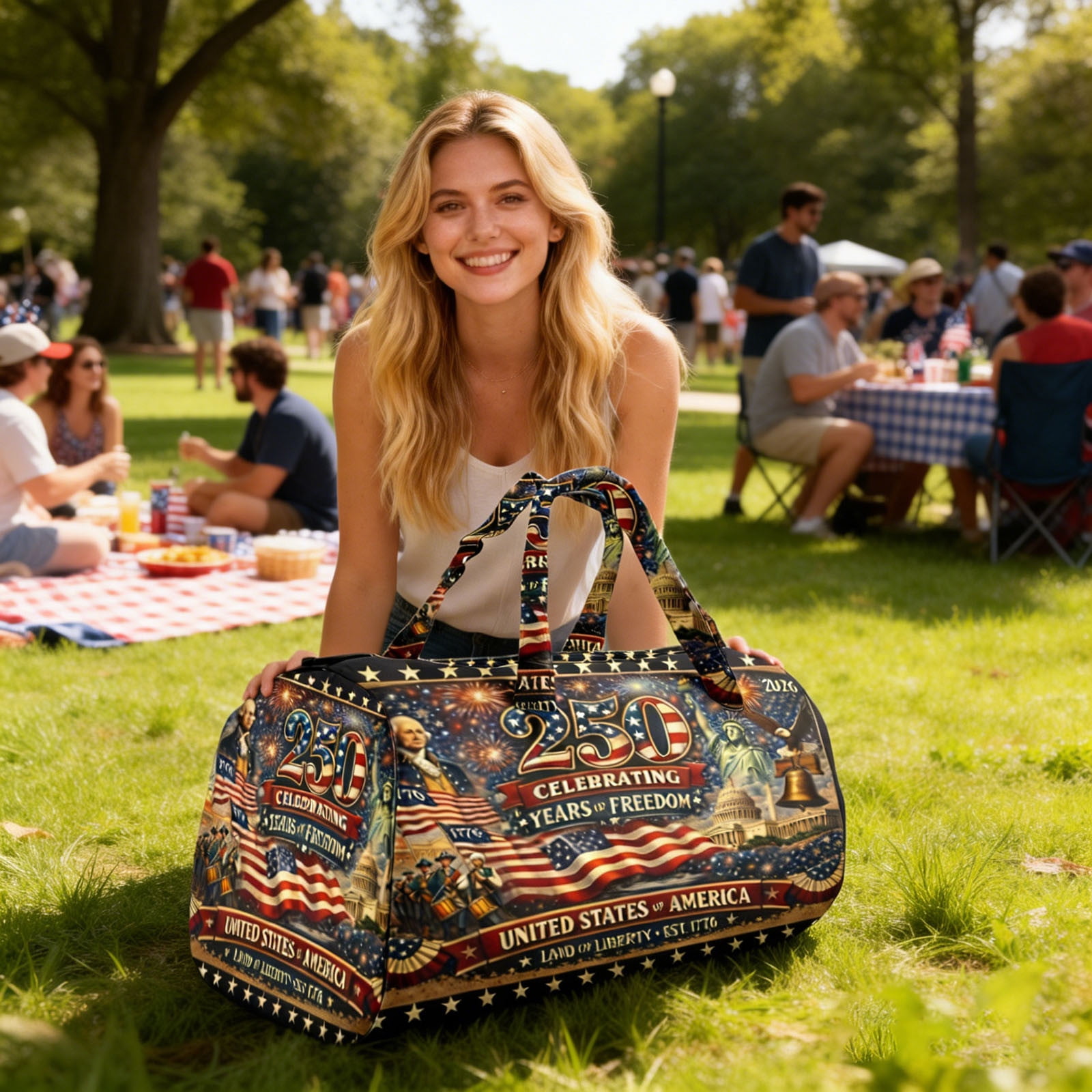 8"x8"x16" America 250th Anniversary âYears OF Freedomâ Heritage Handmade Hippie Van Quilted Duffle Bag, Declaration Of Independence Printed Hippie Van Quilted Duffle Bag, Boho Travel Bag