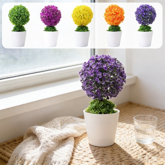 Artificial Potted Money Tree Plant for Indoor Home Decor - Small Fake Bonsai with Grass Ball in Plastic Pot for Desk, Table, Office, Bedroom, Living Room - No Maintenance Faux Greenery Decoration