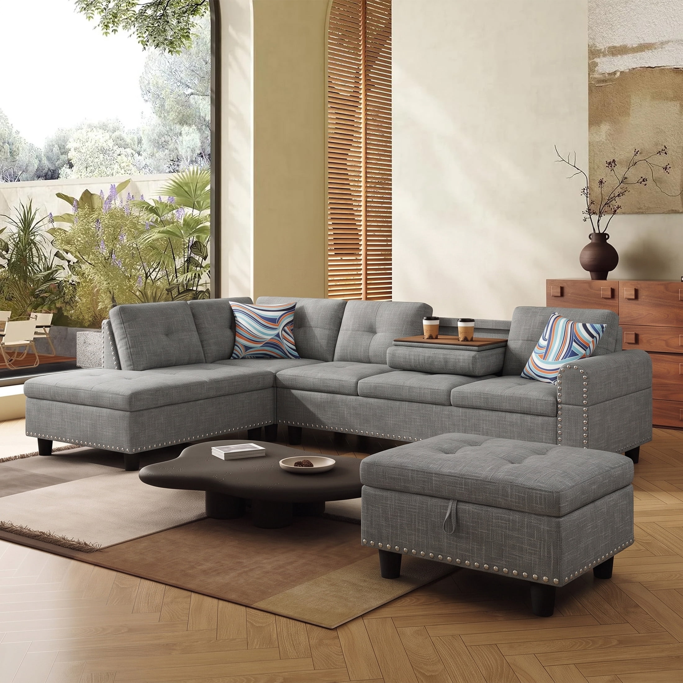 AENKYO 98" L-Shaped Sectional Sofa with Reversible Chaise, Storage Ottoman & Cup Holders, Linen, Gray