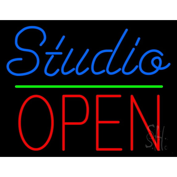 Blue Studio Red Open 3 LED Neon Sign 15 x 19 - inches, Black Square Cut Acrylic Backing, with Dimmer - Bright and Premium built indoor LED Neon Sign for art gallery, and exhibition.